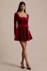 Beloved | Burgundy Velvet Hand-Embellished Square-Neck Mini Dress