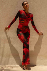 Marcy | Red And Black Floral Print High-Neck Maxi Dress