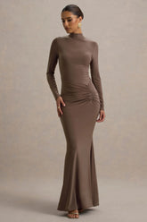 Reid | Brown Long-Sleeve Gathered Maxi Dress