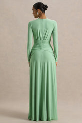 With Me | Green High-Neck Maxi Dress With Ruched Detailing
