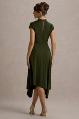 Velma | Olive Satin Midi Dress With Draped Hem