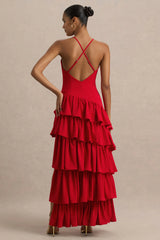Bogota | Red Plunge-Neck Maxi Dress With Ruffling Details And Front High Split