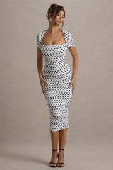 Paxos | White Polka Dot Ruched Short-Sleeve Midi Dress