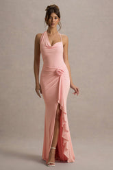 Lucena | Pink Cowl-Neck Wrap Maxi Dress With Floral Drape