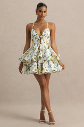 Flavia | White Botanical Print Linen Plunge-Neck Ruffled Skater Micro-Mini Dress
