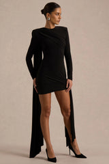Zora | Black Crew-Neck Mini Dress With Knot And Sash Detail