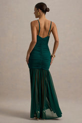 Pasqualina | Bottle Green Ruched Plunge-Neck Maxi Dress