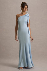 Here For Love | Powder Blue Satin Asymmetric Maxi Dress With Bow
