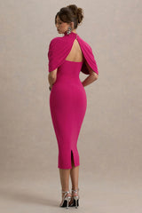 Cecille | Hot Pink Midi Dress With Cape Sleeve Detail