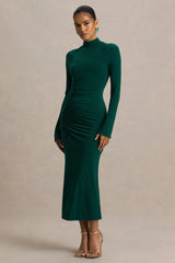 Cassandra | Bottle Green High-Neck Long-Sleeve Midi Dress