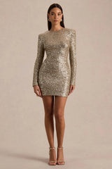 Mercedes | Champagne Sequin Boat-Neck Mini Dress With Draped Detail And Open Back