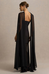 Chessa | Black Boat-Neck Maxi Dress With Sheer Cape