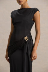 Influence | Black Satin Slashed-Neck Maxi Dress With Embellished Detail And Sash