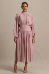 Annabel | Dusty Pink High-Neck Midi Dress With Drop-Waist And Pleated Detailing