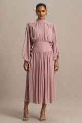 Annabel | Dusty Pink High-Neck Midi Dress With Drop-Waist And Pleated Detailing