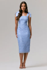 Precious Treasure | Powder Blue Square-Neck Midi Dress With Tie Details