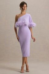 Victory | Lilac One Shoulder Midi Dress With Feather Trim