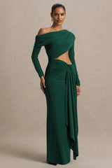 Mikayla | Dark Green Asymmetric-Neck Wrap Maxi Dress With Body Cut-Out And Ruched Detailing