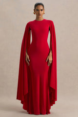 Briony | Red Crew-Neck Maxi Dress With Cape Sleeves