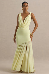 Meggie | Lemon Plunge-Neck Twisted Maxi Dress With Chiffon Skirt