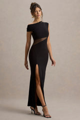 Emily | Black Asymmetric Split Maxi Dress With Mesh Detailing