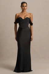 Perenna | Black Satin Sweetheart-Neck Maxi Dress With Draped-Sleeves