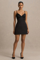 Elara | Black Satin Plunge-Neck Mini Dress
