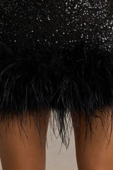Rosalinda | Black Sequin Square-Neck Mini Dress With Feather Trim