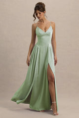 Jonas | Light Green Plunge-Neck Maxi Dress With Cami Straps