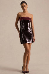 Casandra | Burgundy Sequin Bandeau Mini Dress With Satin Trim