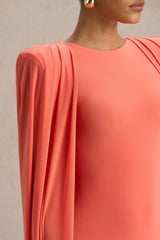 Mimi | Coral High-Neck Maxi Dress With Cape Sleeve Detail