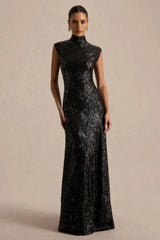 Cecy | Black Sequin High-Neck Maxi Dress With Cap Sleeves
