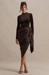 Sasha | Brown Satin And Velvet Midi Dress With Wrap-Detail