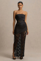 Dulcie | Black Lace And Satin Bandeau Maxi Dress With Wrap-Details
