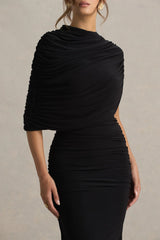 Glitz | Black High-Neck Maxi Dress With Cape Sleeve and Ruched Detail