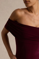 Venezia | Burgundy Bardot Maxi Dress With Drop-Waist
