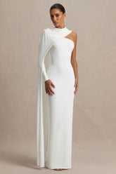 Dawn | Cream High-Neck Maxi Dress With One Long Cape-Sleeve