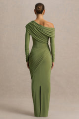 Perrie | Olive Asymmetric-Neck Maxi Dress With Ruched Detailing