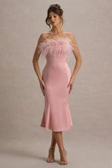 One And Only | Light Pink Satin Feather Trim Bandeau Midi Dress
