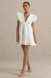 Judie | White Poplin V-Neck Ruffled Mini Dress