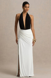 Tilly | Black And White Extreme-Plunge Neck Maxi Dress With Wrap And Ruched Details