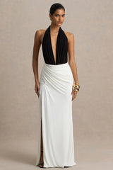 Tilly | Black And White Extreme-Plunge Neck Maxi Dress With Wrap And Ruched Details