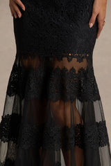Leanne | Black Mesh And Lace Crew-Neck Fishtail Midi Dress