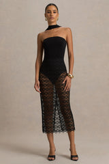 Tamala | Black High-Neck Midi Dress With Lace Skirt