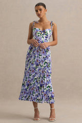 Peyton | Purple Lily Print Satin Sweetheart-Neck Midi Dress With Pleated Details
