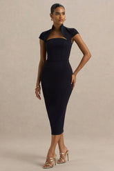 Elsie | Navy Cut-Out Neck Midi Dress With Short Sleeves