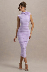 Bridget | Lilac High-Neck Gathered Midi Dress With Floral Detail