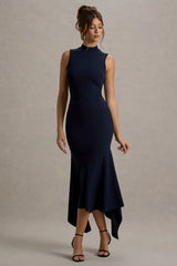 Janice | Navy High-Neck Hanky-Hem Maxi Dress