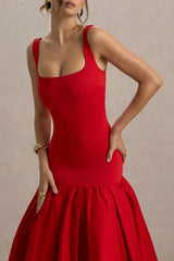 Parida | Red Poplin Drop-Waist Midi Dress With Peplum Hem