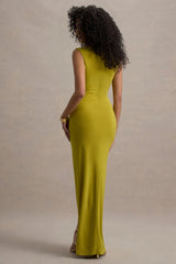 Lanetta | Green Ruched High-Neck Maxi Dress With Split